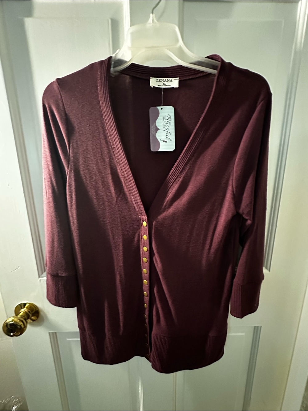 Zenana Outfitters Wine Button-Front V‑Neck Cardigan